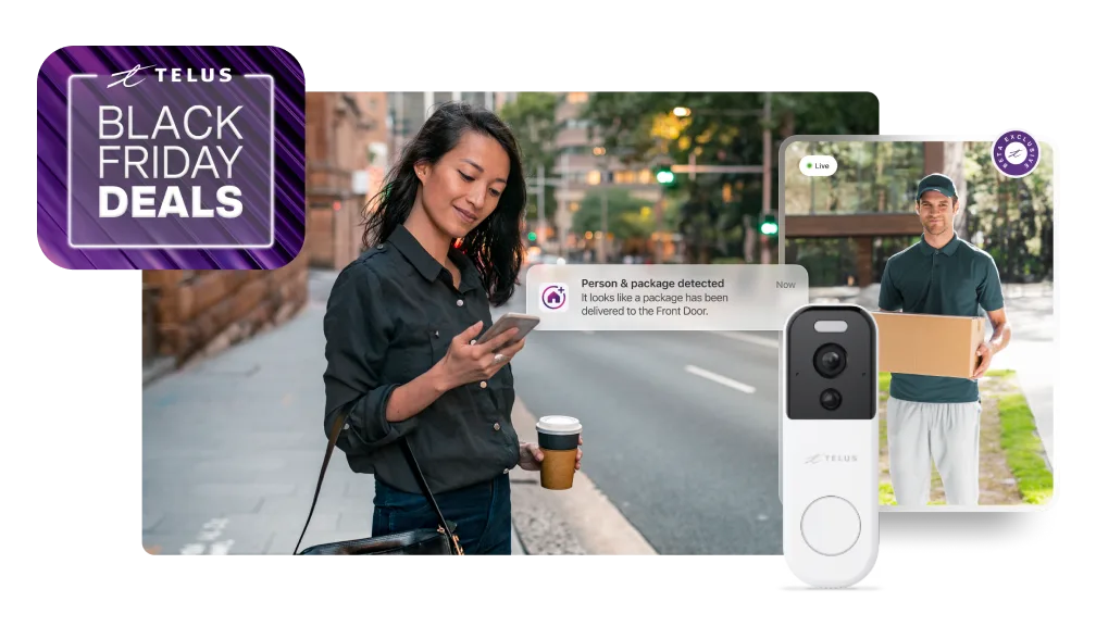 A woman on her commute holds the TELUS SmartHome + app watching a live video of the package delivery and a roundel that says 'Black Friday deals'.