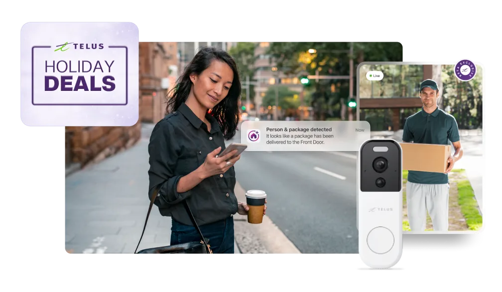 A woman on her commute holds the TELUS SmartHome + app watching a live video of the package delivery and a roundel that says 'Black Friday deals'.