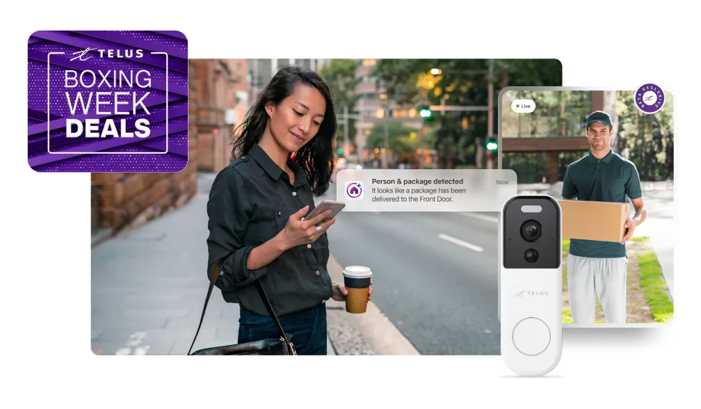 A woman on her commute holds the TELUS SmartHome + app watching a live video of the package delivery and a roundel that says 'Boxing Week Deals'.