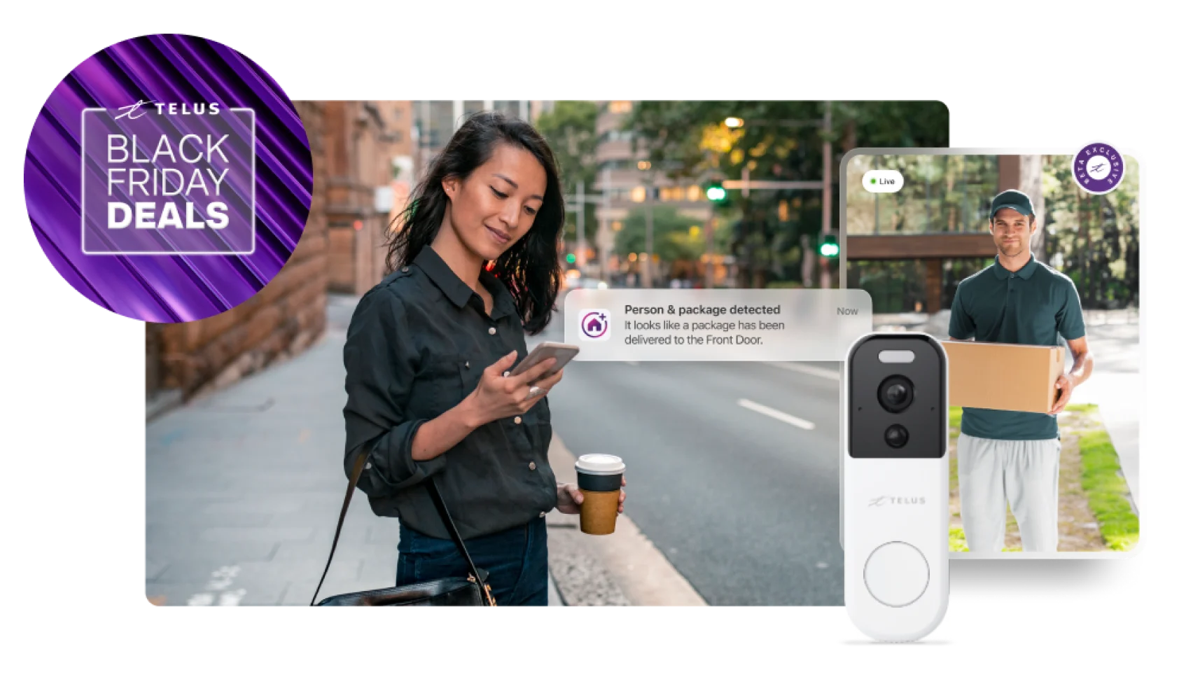 A woman on her commute holds the TELUS SmartHome + app watching a live video of the package delivery and a roundel that says 'Black Friday deals'.