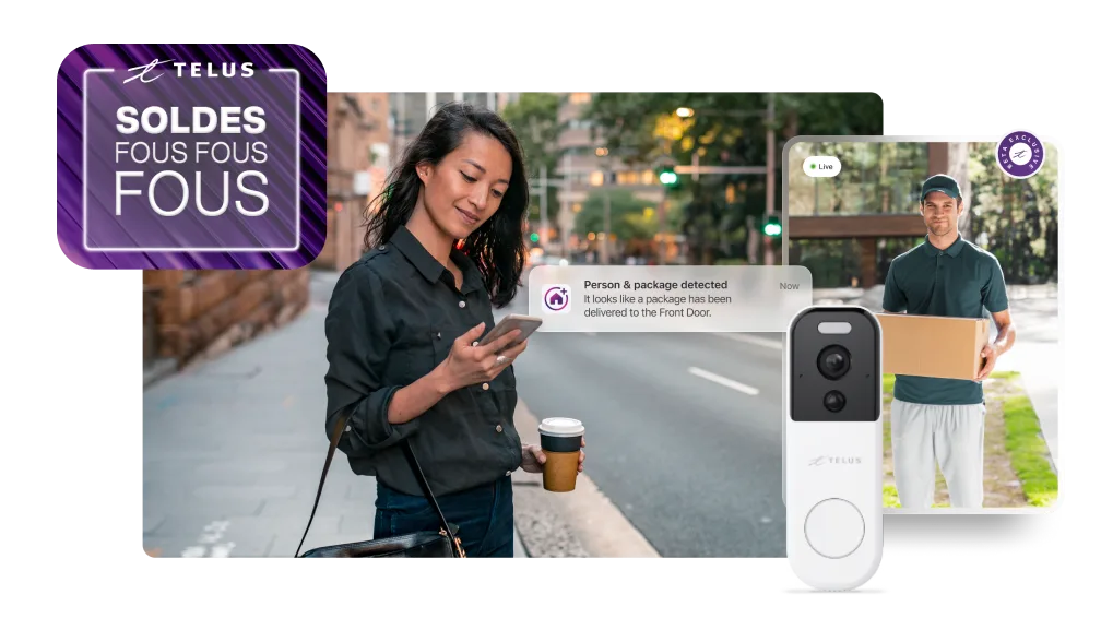 Une femme sur son trajet tient l'application TELUS SmartHome + et regarde une vidéo en direct de la livraison du colis ainsi qu'un médaillon sur lequel est écrit « Soldes fous fous fous ».