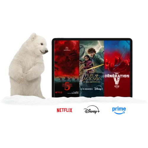 Un ours polaire debout à côté d’une tablette. La tablette affiche des affiches de Mercredi, The Lowdown et Gen V. Les logos de Netflix, Disney+ et Amazon Prime se trouvent en dessous de la tablette.