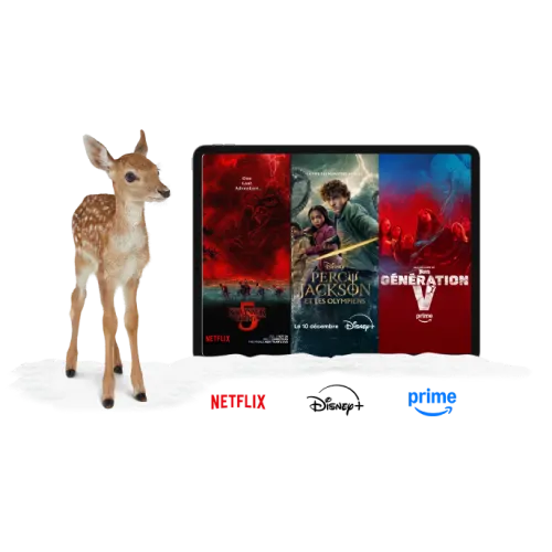 Un cerf debout à côté d'une tablette. La tablette affiche des affiches de Mercredi, The Lowdown et Gen V. Les logos de Netflix, Disney+ et Amazon Prime se trouvent en dessous de la tablette.