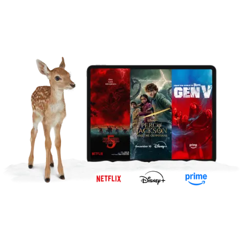 A deer standing next to a tablet. The tablet displays posters for Wednesday, The Lowdown and Gen V. Under the tablet are logos of Netflix, Disney+ and Amazon Prime.
