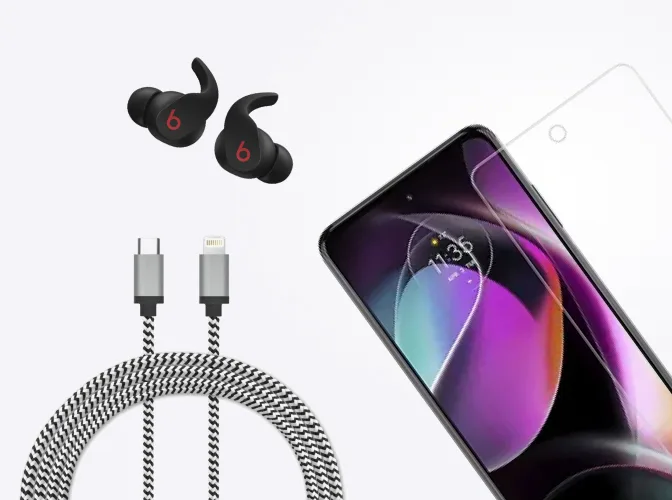 A collection of accessories, including wireless headphones, a charging cable, and screen protector