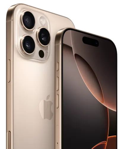 Front and back view of the iPhone 16 Pro Max in Desert Titanium