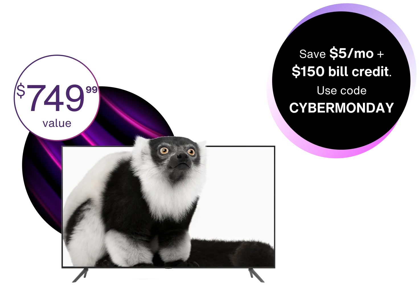 Free 55” Samsung 4K TV with image of a lemur. Two text circles. One reads: $749.99 value.