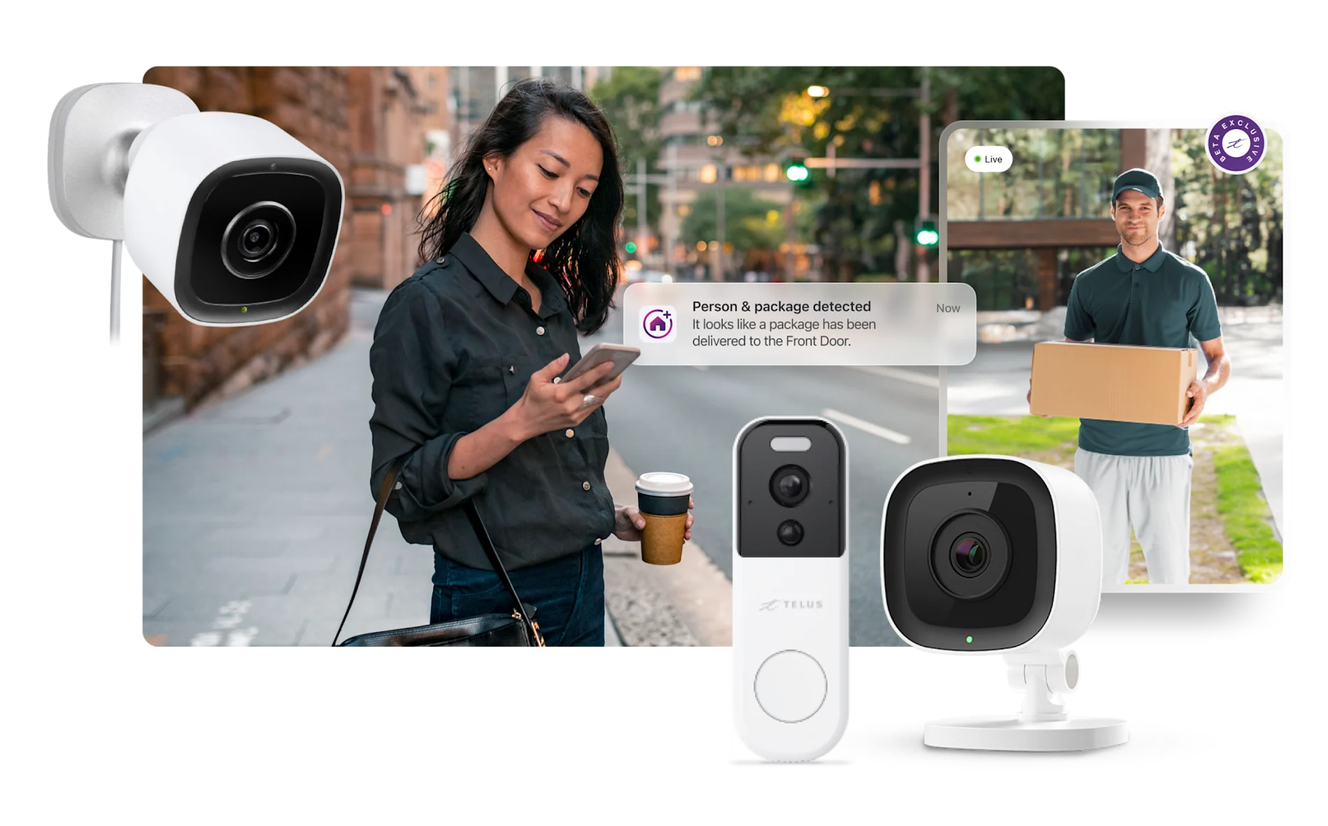 An image showing a woman with her smartphone and HomeView app live preview delivering her package. Smart cameras are also shown in the foreground.