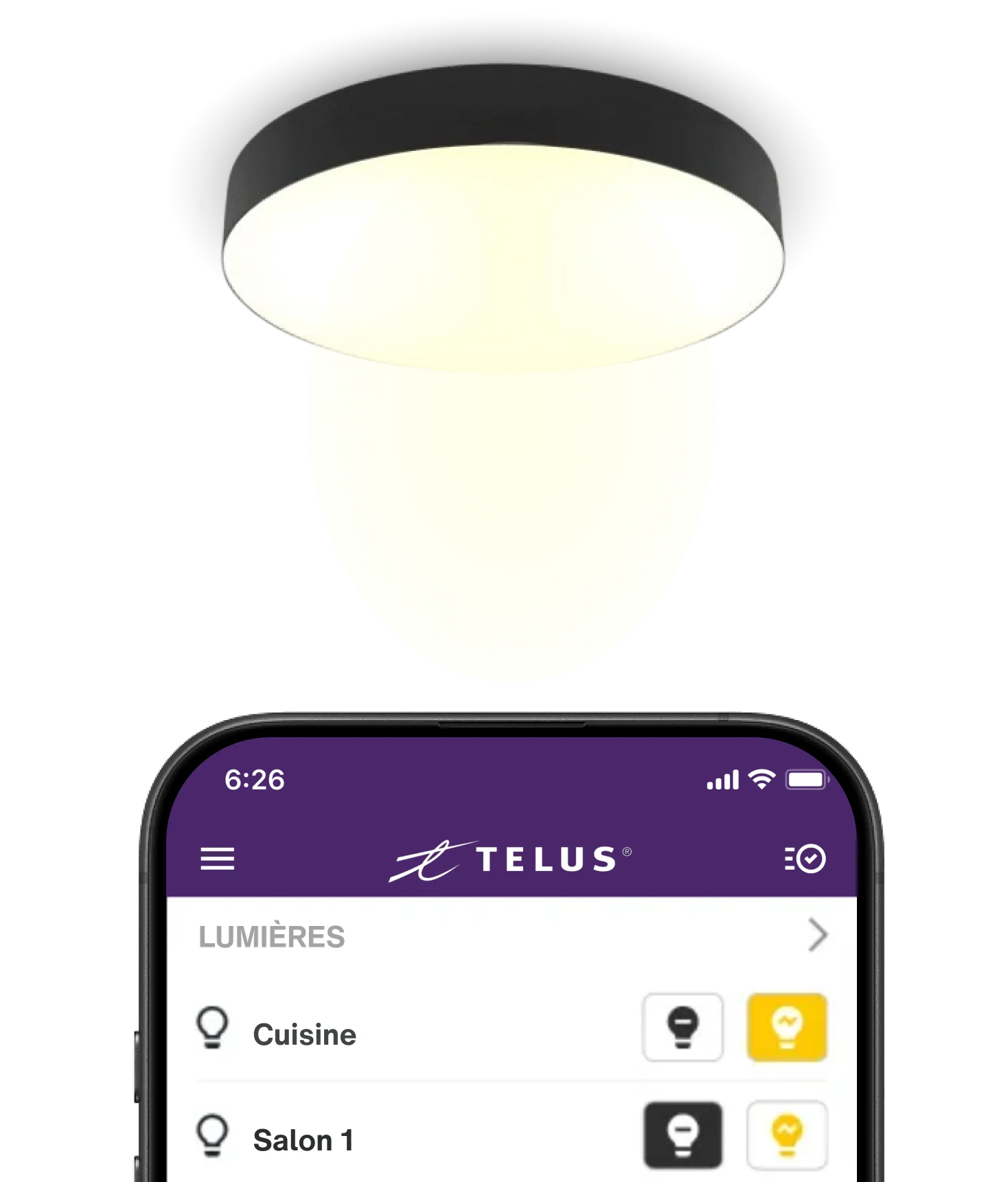 Un téléphone intelligent affiche la capacité de contrôler l’éclairage grâce à l’application Maison connectée.