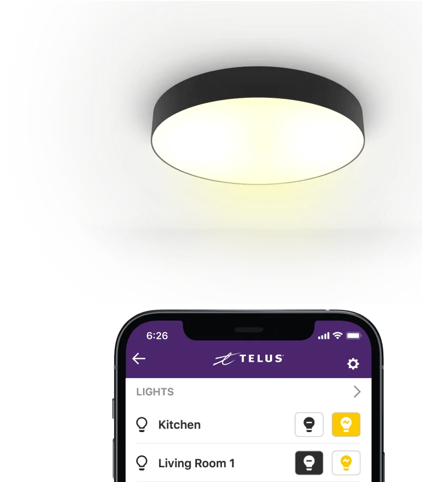 A smartphone displays the ability to control lights in the SmartHome Security app.