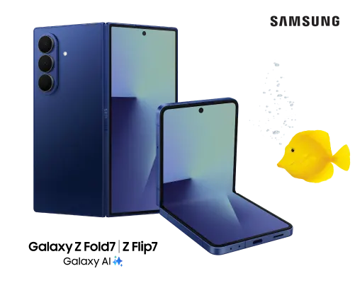 Les smartphones pliables Samsung Galaxy Z Fold7 et Z Flip7 en bleu avec la marque Samsung et des poissons tropicaux autour.
