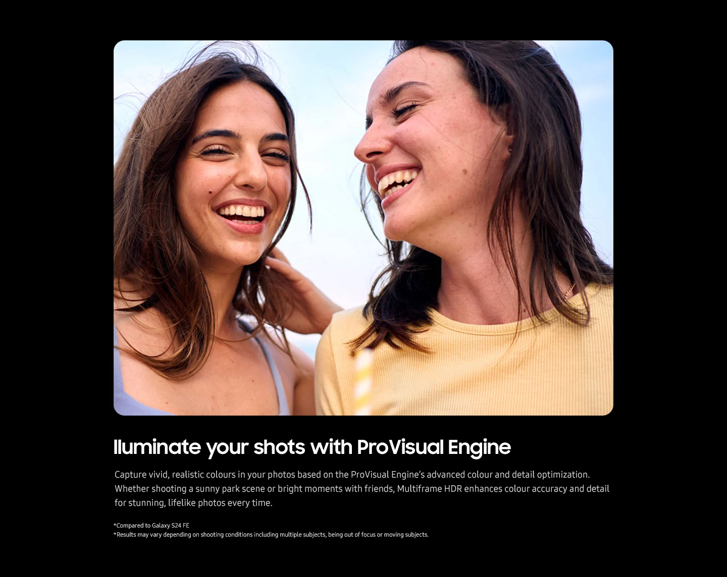 Samsung Galaxy S25 FE ProVisual Engine demonstration, highlighting advanced color optimization and Multiframe HDR technology for vivid, realistic photo colors and enhanced detail.