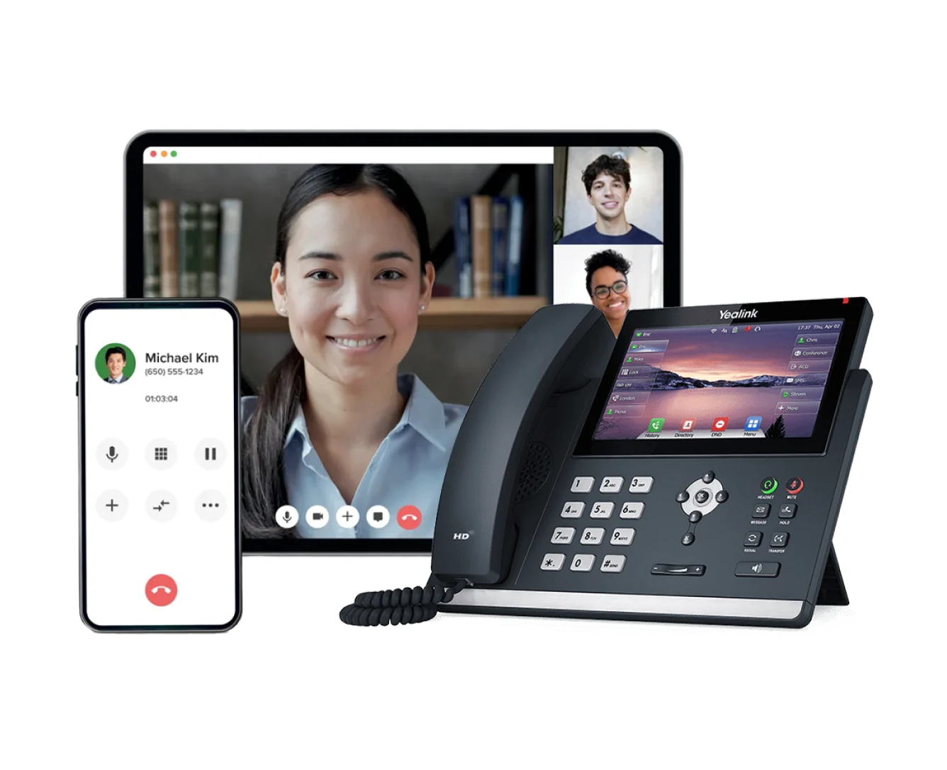 A tablet showing a video call conference. A smartphone showing an ongoing call and a Vonage phone system. 