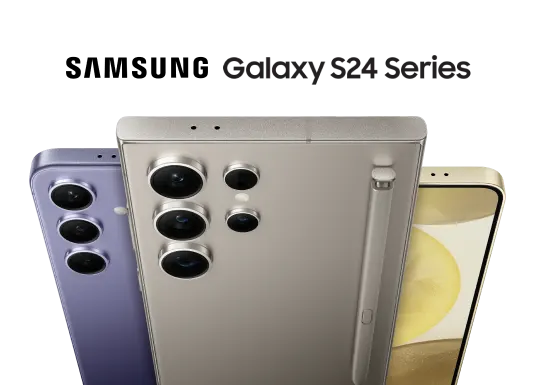 Vue arrière du Samsung Galaxy S24 en Violet Cobalt et du Galaxy S24 Ultra en Gris Titane avec S Pen, et vue avant du Samsung Galaxy S24 en Jaune Ambre.