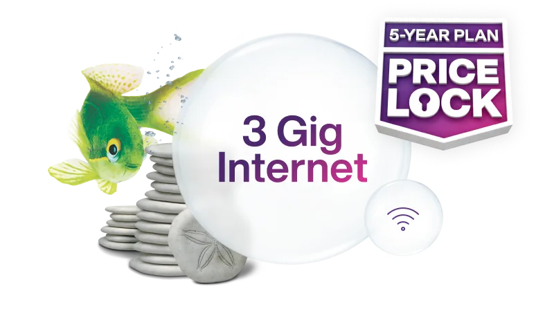 White Wi-Fi router surrounded by coral, starfish, and a fish, with a "5-Year Plan Price Lock" badge and a bubble that says "3 Gig Internet".