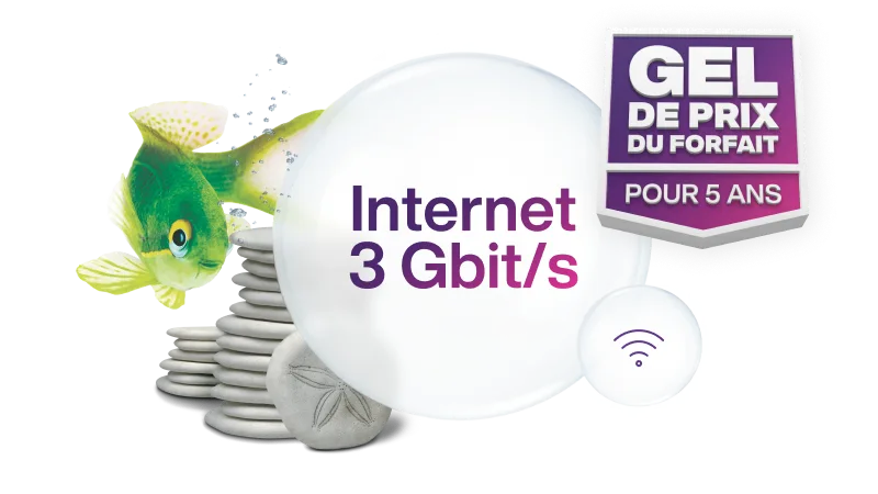 Un routeur Wi-Fi blanc à côté d'un poisson avec un badge indiquant « Gel de prix du forfait pour 5 ans » et une bulle indiquant « Internet 3 G/bits ».