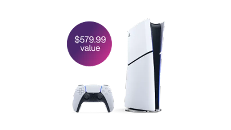 A PlayStation 5 console and remote. A roundel reads “$579.99 value”.