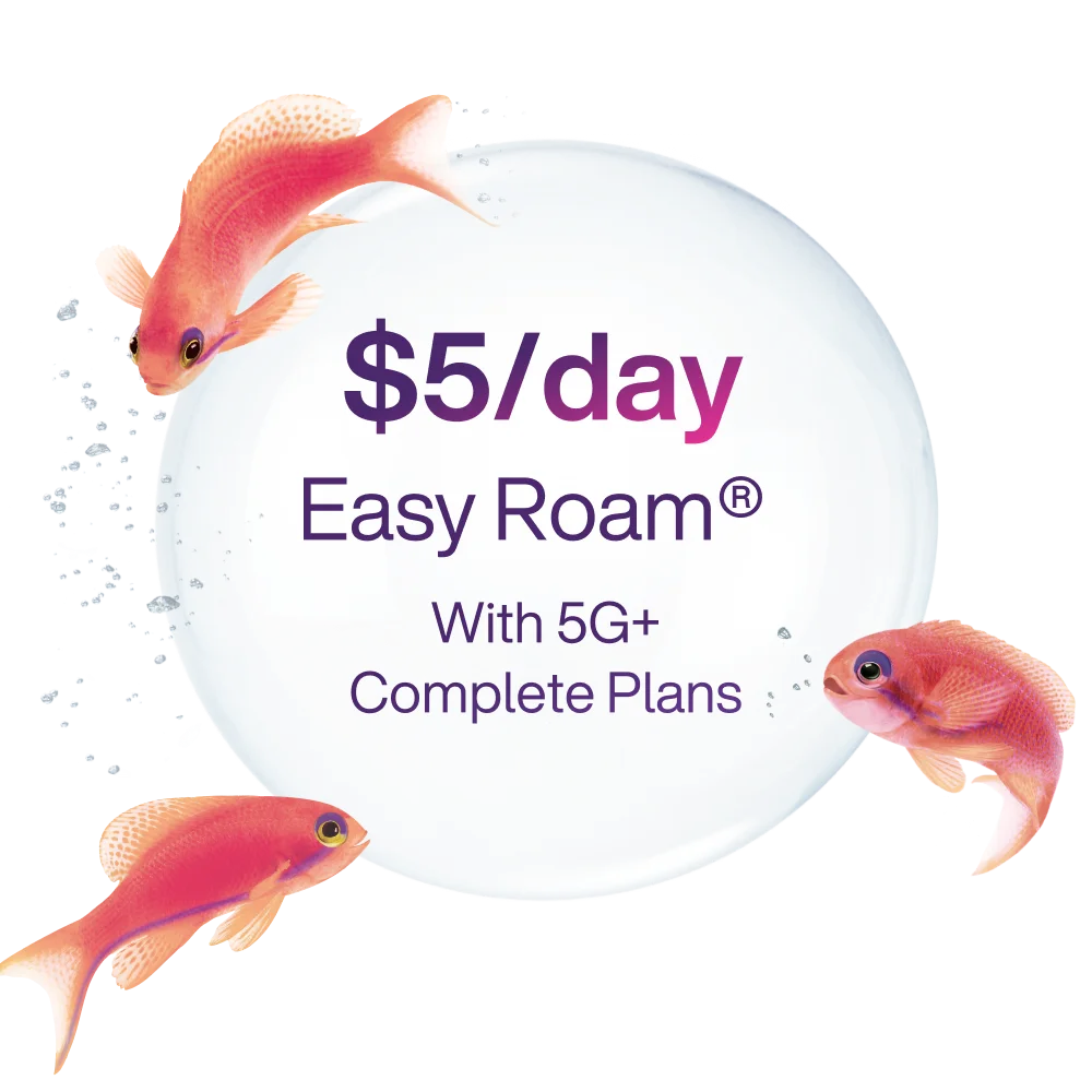 Circular white bubble containing '$5/day Easy Roam® With 5G+ Complete Plans' text in purple. Three red-orange goldfish are positioned around the circular element.