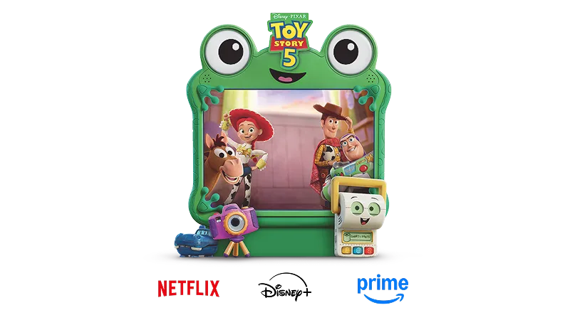 Green frog-shaped tablet displaying Toy Story characters, advertising availability on Disney+, Telus, Netflix, and Prime.
