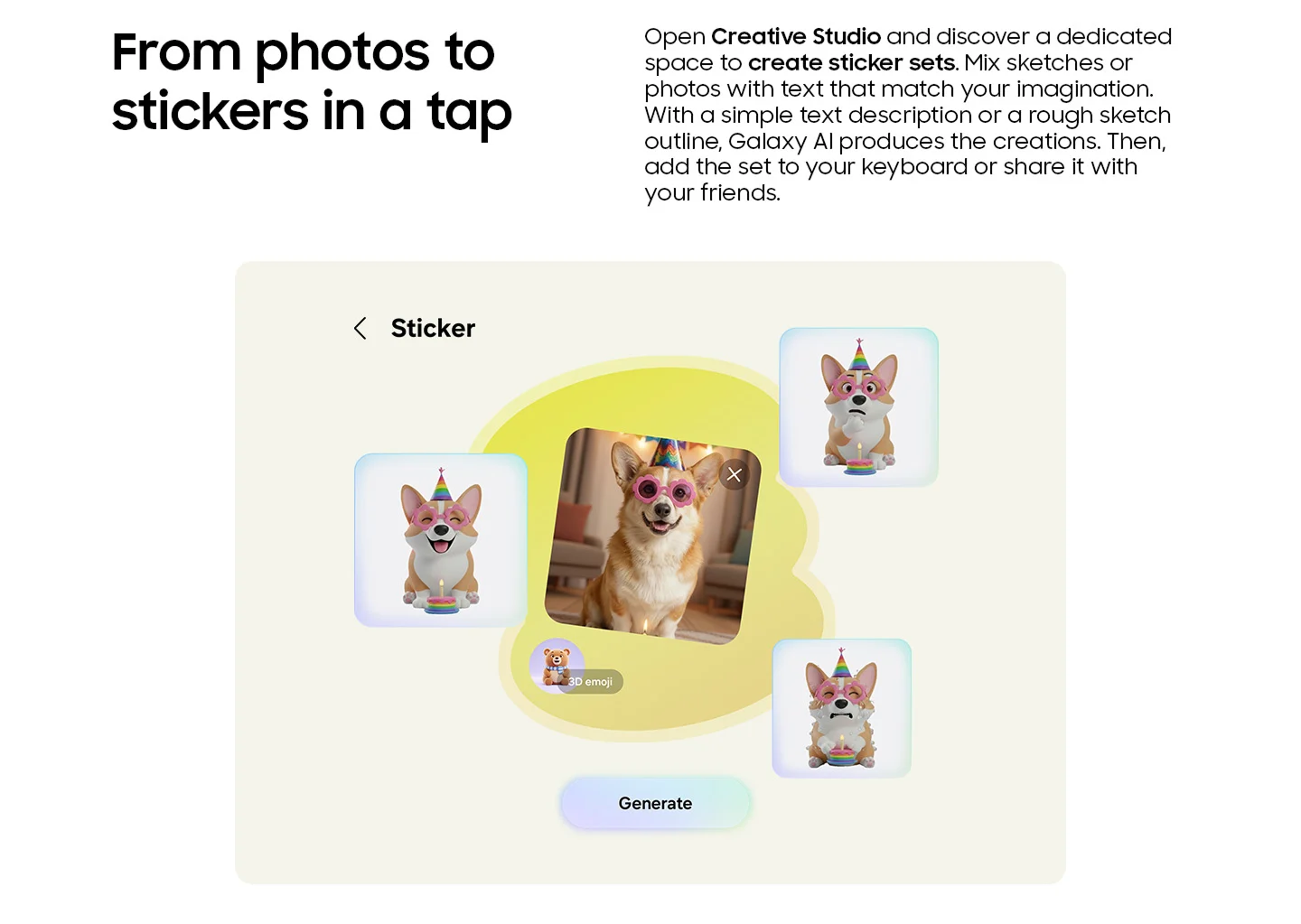 A smiling corgi in party attire generated into emojis.