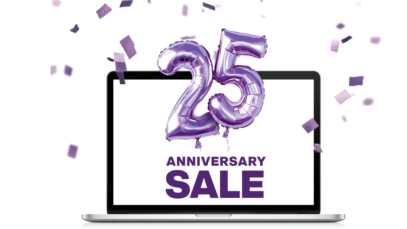 A laptop with the Wi-Fi speed logo on its screen. A sticker of balloons with “25” floating around it