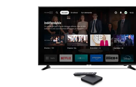 Un téléviseur intelligent affichant des programmes et des services de diffusion en continu, à côté de l'équipement Internet et télé de TELUS.
