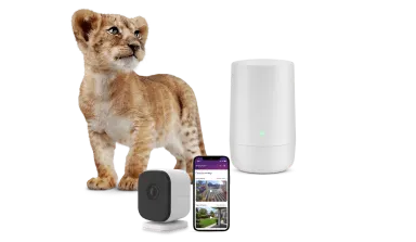 A lion cub next to a TELUS WiFi modem, doorbell camera, and a smartphone. The smartphone has the TELUS SmartHome app open.