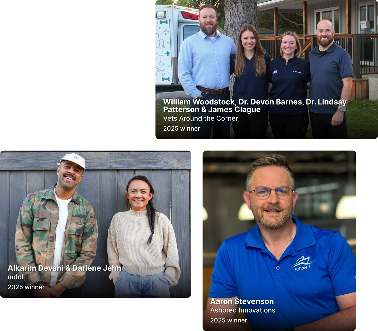 2025 winners posing in front of #StandWithOwners event signage and a greenery backdrop at the event.
