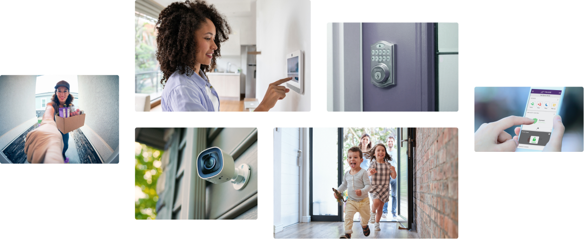 A person using a control panel, a smart lock an a purple door outdoors, a visitor ringing a doorbell seen from a security camera, a security camera mounted on the side of a house, a family with children entering a house, the Telus smart home security app.