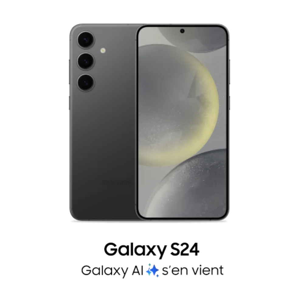 Avant et arrière d’un Samsung Galaxy S24 en Noir onyx avec le texte indiquant « Galaxy S24 : Galaxy AI s’en vient ».