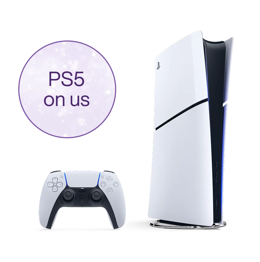 A PlayStation 5 console and remote. A roundel reads “PS5 on us”.