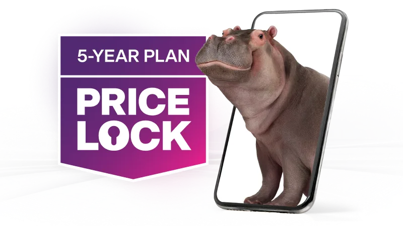 5-Year Plan Price Lock. A hippo emerges from a smartphone.
