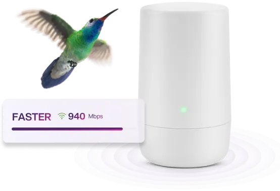 A hummingbird flying up towards a TELUS modem. A sticker with a purple speed bar describes the Internet Gigabit plan as a faster option with download and upload speeds of up to 940 Mpbs. 