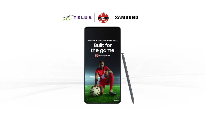 Samsung Galaxy S26 Ultra featuring a soccer player. TELUS, Soccer Canada, and Samsung logos at the top.
