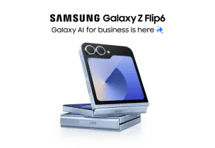 A folded view of the Samsung Galaxy Flip6 in Blue with the words “Galaxy AI is here”. 