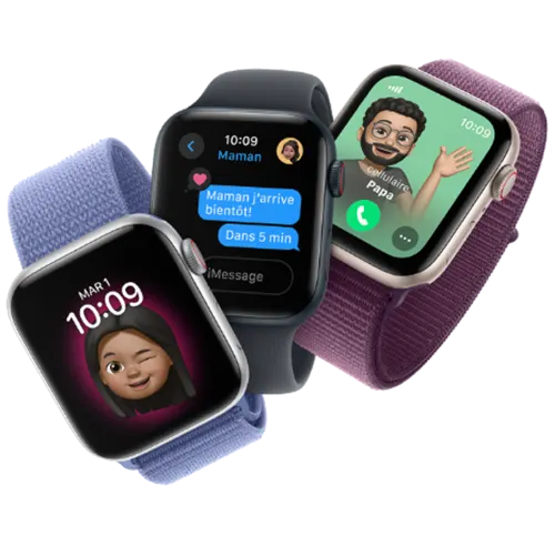 Trois montres Apple Watch SE. Chacune a un bracelet unique : Sport en bleu, Noir Caoutchouc et Sport en prune.