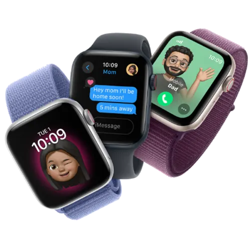 Three Apple Watch SE smartwatches. Each has a unique band; Blue Sport, Black rubber and Plum Sport.