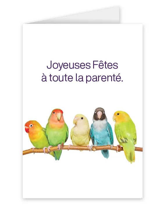 Une carte représentant une rangée d'oiseaux colorés portant l'inscription : Joyeuses Fêtes à toute la parenté.
