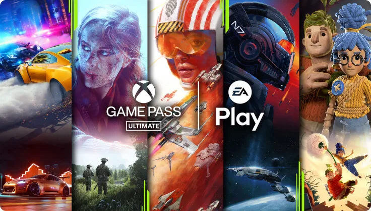 Gamepass Ultimate and EA Play logos over five EA games
