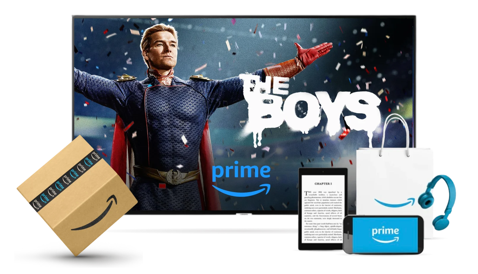 Amazon Prime, image shows amazon parcels, a Kindle e-reader, a smartphone, headphones and a television with a poster for The Boys tv series.