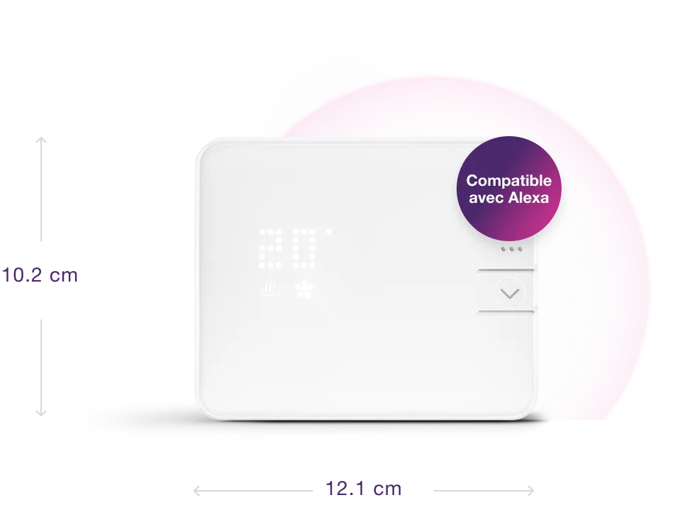 Un thermostat intelligent avec ses dimensions de 10,2 cm sur 12,1 cm, et une note indiquant qu’il est compatible avec Alexa. 
