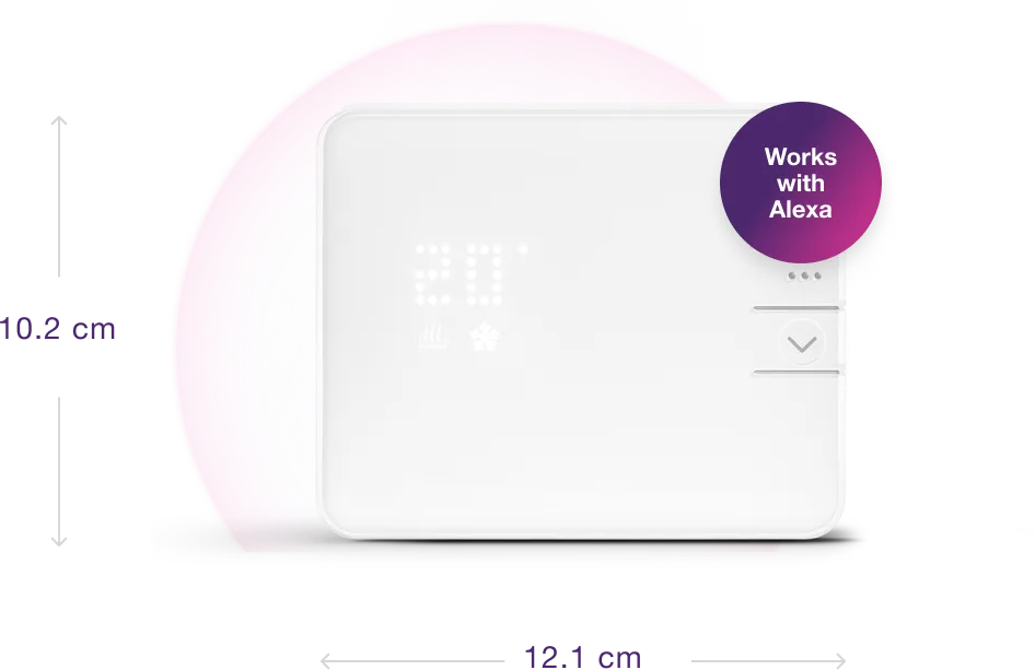 A Smart Thermostat with sizing information of 10.2 cm by 12.1 cm and a note that says, works with Alexa. 