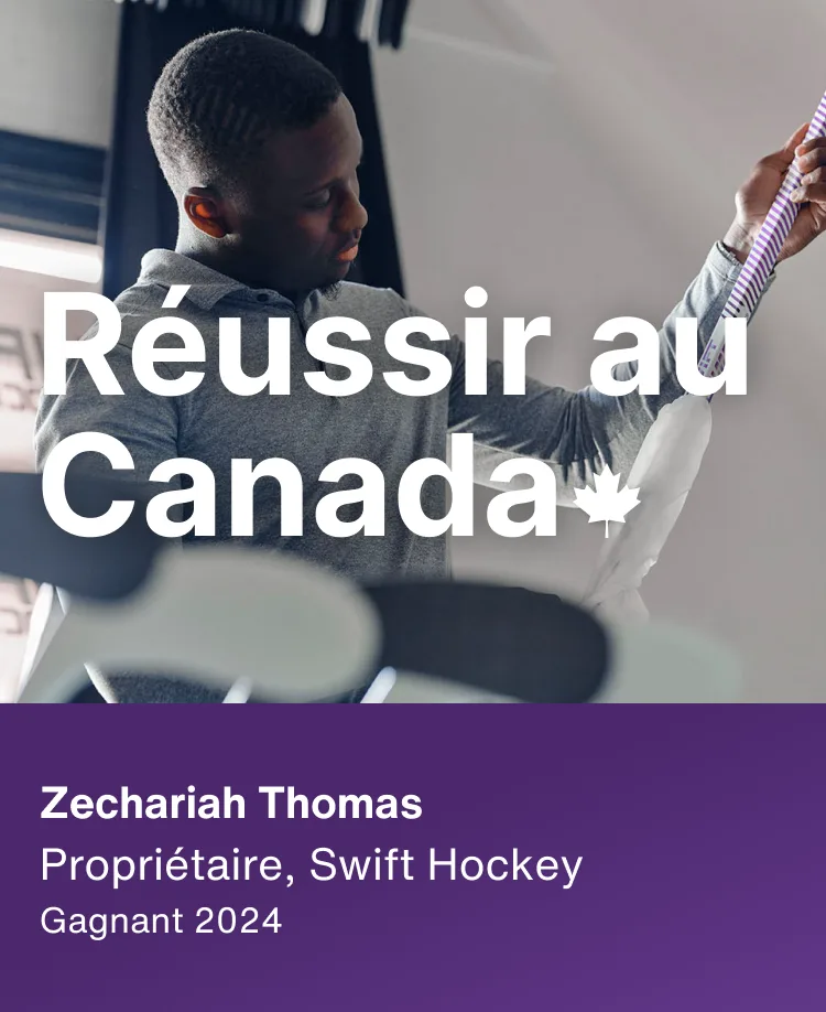 Zechariah Thomas, gagnant de 2024 et propriétaire de Swift Hockey, inspecte un bâton de hockey. Sur le texte de superposition, on peut lire « Fabriqué au Canada », avec une feuille d'érable.