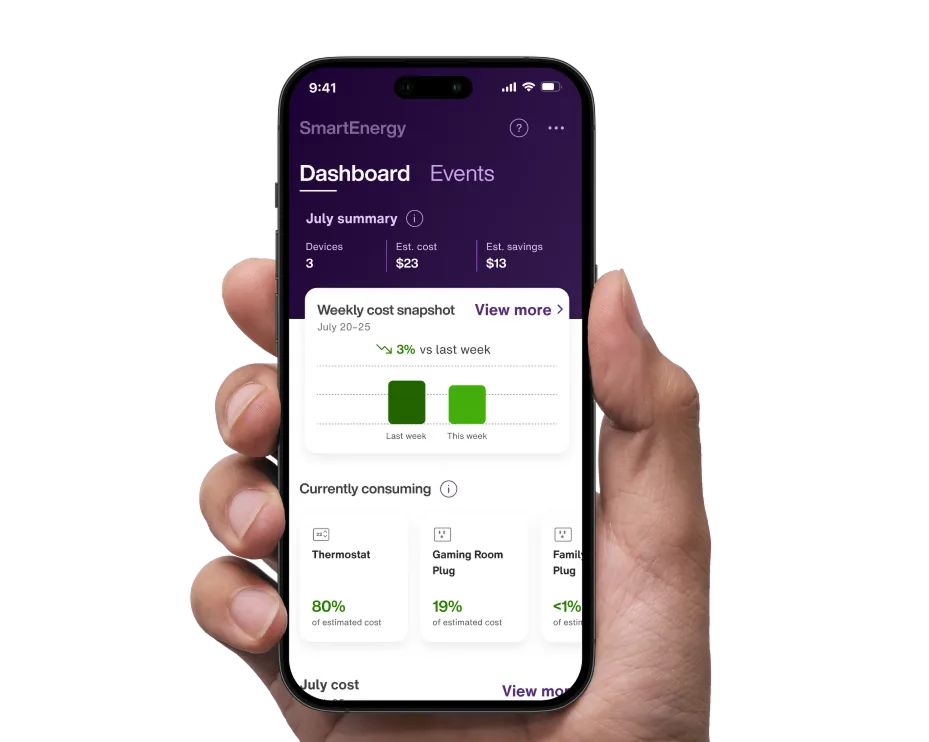 A hand holding up a smarthome with the SmartHome+ app open.