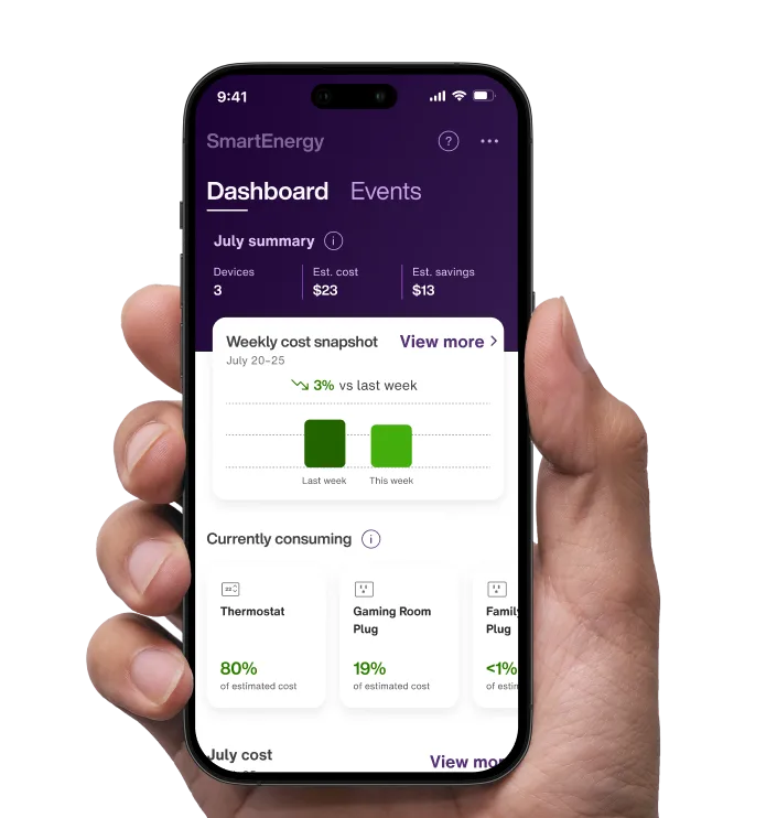 A hand holding up a smarthome with the SmartHome+ app open.