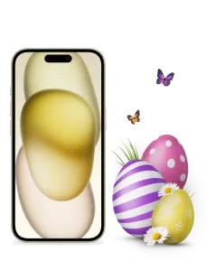 Brightly coloured Easter eggs rest on the right side of an iPhone 15 in yellow, while delicate butterflies flutter gracefully in the background. 