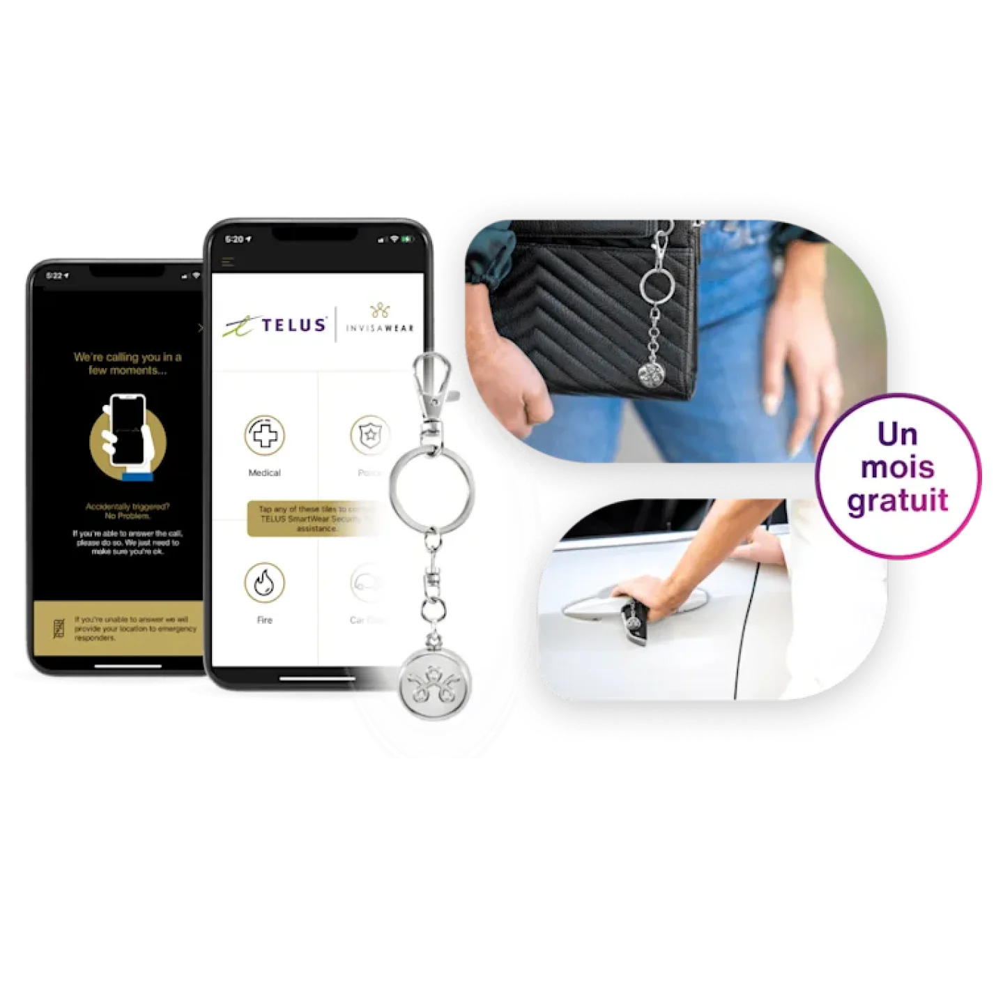 Image représentant un porte-clés au centre avec différents types d'utilisation et un aperçu du suivi sur téléphone portable.