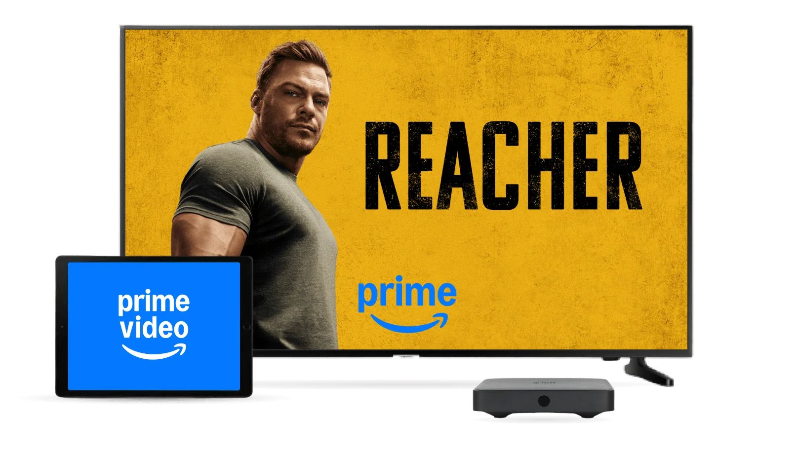 Amazon Prime, image shows amazon prime video on a tablet computer,  and a television with a poster for Rings of Power tv series.