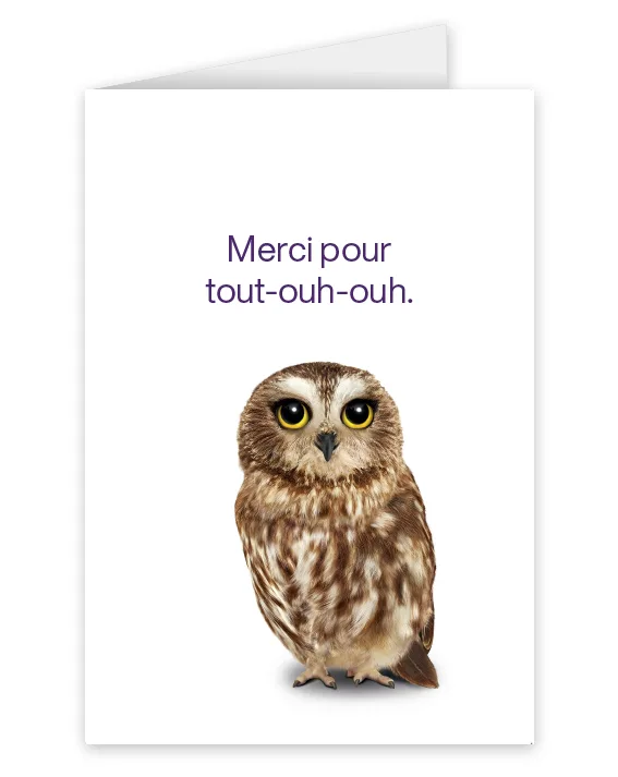 Une carte représentant un hibou portant l’inscription : Merci pour tout-ouh-ouh.