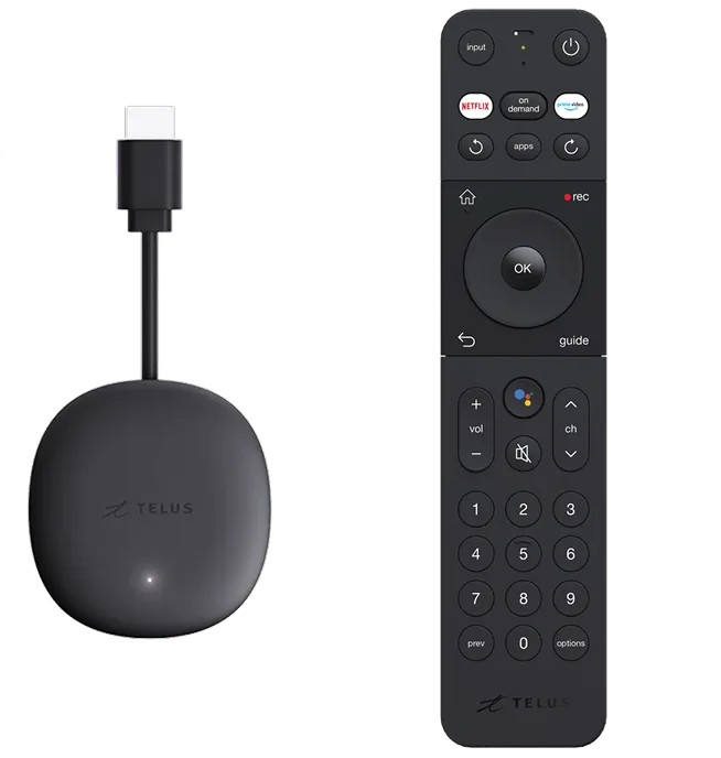 TELUS TV Mini alongside a Bluetooth remote control with streaming service buttons for easy navigation.